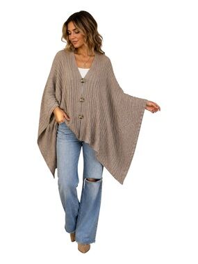 Kate Landry Oversized Cable Knit Poncho Cardigan Taupe One Size